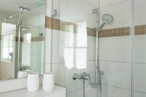 a bathroom with a shower and a mirror at Haus Seeblick in Dippoldiswalde +62 photos