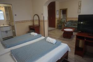 salon z dwoma łóżkami i telewizorem w obiekcie Hotel Ajka Üzletház Panzió Ajka w mieście Ajka