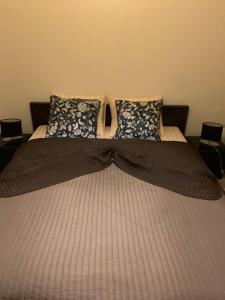 two beds with pillows and pillows on them at Near Station Apartment in Vilnius
