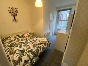 Schlafzimmer mit einem Bett und einem Fenster in der Unterkunft The Walnut Suite lovely one bedroom flat in Stoke. in Plymouth