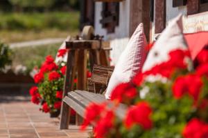 a bench with red flowers next to a bunch of flowers at Gästehaus Menkenbauer in Ruhpolding