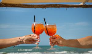 two people holding glasses of wine at the beach at Hotel Marechiaro in Vico del Gargano