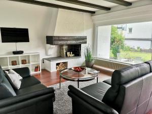 a living room with a couch and a fireplace at Bodensee Bungalow in Immenstaad am Bodensee
