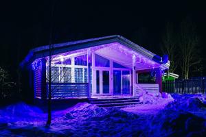 uma casa coberta de luzes roxas na neve em Nikitskoe Podvorie em Pereslavl-Zalessky