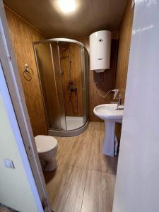 uma casa de banho com um chuveiro, um WC e um lavatório. em Glamping Park em Khndzorut