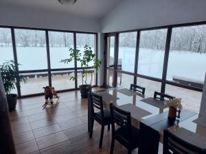 a dog is walking in a room with a table at Popasul din Lunca in Pui
