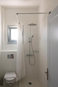 a white bathroom with a shower and a toilet at K & G Central Apartments Fira in Fira