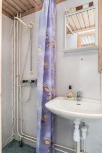 a bathroom with a sink and a shower at Hyttgårdens stugby i Huså, Åre kommun in Järpen