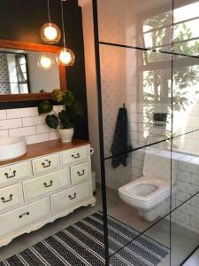 a bathroom with a toilet and a sink and a mirror at Loft on Honey in Sunridge Park