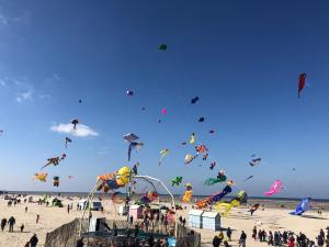 un gruppo di persone su una spiaggia che volano aquiloni di Sandra a Berck-sur-Mer