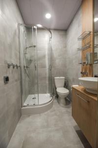 a bathroom with a shower and a toilet and a sink at Calm Village in Zator