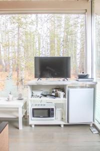 a living room with a microwave and a large window at ЭТНО-комплекс Тургояк in Turgoyak