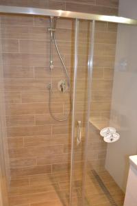 a bathroom with a shower with a glass door at quiet apartment in a short distance from the city in Prague