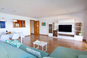 ein Wohnzimmer mit einem blauen Sofa und einem TV in der Unterkunft Frentemar 2 Deluxe in Calpe