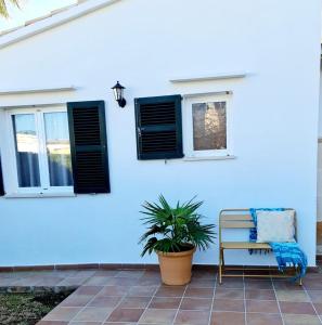 ein blaues Haus mit einem Stuhl und einer Pflanze in der Unterkunft Villas El Pinar in Cala en Blanes