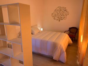 een slaapkamer met een bed en een boekenplank bij Apartamentos Sanjuan in Porriño