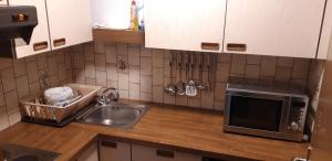 a kitchen with a sink and a microwave at Haus Kristall in Längenfeld