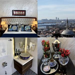 un collage de cuatro fotos de una habitación de hotel con cama y vistas en Four Doors Hotel, en Estambul