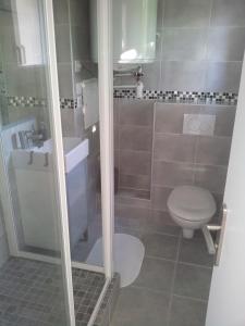 a bathroom with a shower with a toilet and a sink at Magicappart in Magny-le-Hongre