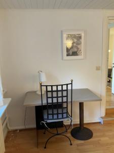 ハンブルクにあるKleines Haus im Grünenのデスク、椅子、ランプが備わる客室です。