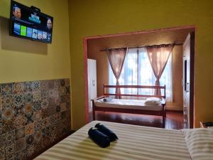 1 dormitorio con 1 cama y TV en la pared en Nomada Hostel, en Asunción