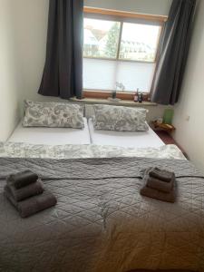 ein großes Bett in einem Schlafzimmer mit Fenster in der Unterkunft Ferienwohnung Kleine Auszeit in Altenau in Altenau