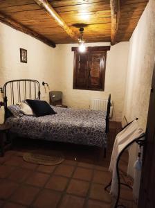 ein Schlafzimmer mit einem Bett und einer Holzdecke in der Unterkunft La Casita de Betania in Benaocaz