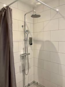 a bathroom with a shower stall and a toilet at Unique Hotel in Stockholm