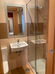 Un baño con ducha, lavabo e inodoro. en Hostal Rías Bajas, en Madrid