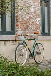 un vélo vert garé à côté d'un bâtiment dans l'établissement Hoeve de Reetjens - Le Marie, à Bilzen