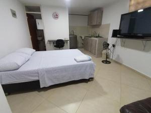 a bedroom with a bed and a flat screen tv at Genial Loft Tipo Smart San Alonso in Bucaramanga