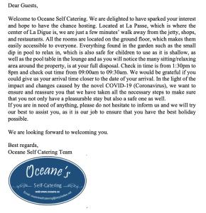 Certifikát, hodnocení, plakát nebo jiný dokument vystavený v ubytování Oceane Self Catering