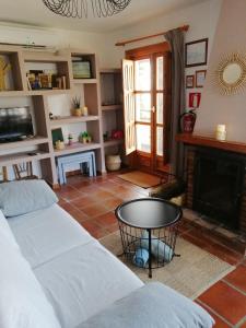 uma sala de estar com um sofá e uma lareira em Casa La Pizarra em Bubión