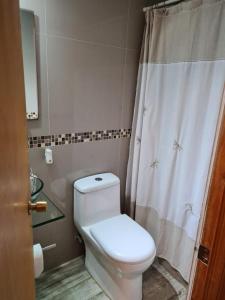 a bathroom with a toilet and a shower curtain at Casa Algarrobo Playa El Canelillo - El Canelo - Piscina in Algarrobo