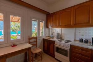 a kitchen with wooden cabinets and a stove top oven at pension holidays studios in Vasiliki