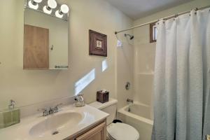 a bathroom with a sink and a toilet and a shower at Deck, Pool, Trails Access Pocono Family Home! in Albrightsville +28 photos