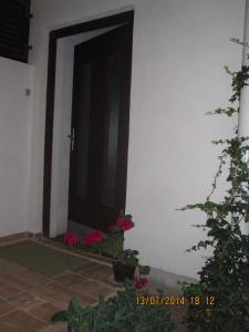 a door to a house with flowers on the porch at Sonce Guest House in Ohrid