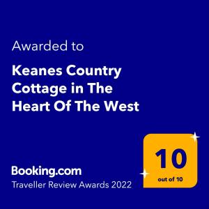 Certificat, premi, rètol o un altre document de Keanes Country Cottage in The Heart Of The West
