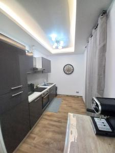 a kitchen with a black refrigerator and a sink at Le Gerwig Colmar Centre in Colmar