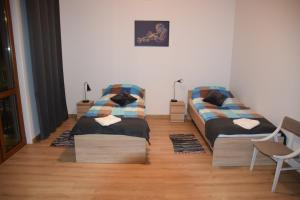 2 camas en una habitación con suelo de madera en Apartament Sienkiewicza 8 en Zamość