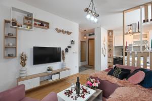a living room with a couch and a tv at Apartman Tea - Zlatibor in Zlatibor
