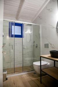 uma casa de banho com um chuveiro, um WC e um lavatório. em Villa Niki em Plataria
