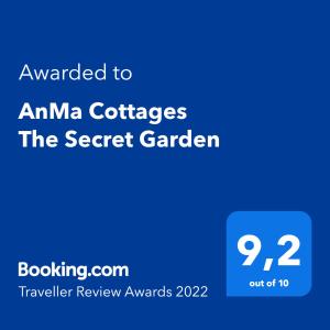 Ett certifikat, pris eller annat dokument som visas upp på AnMa Cottages The Secret Garden