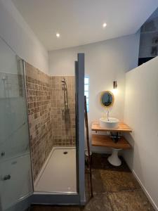 a bathroom with a shower and a sink at Oustaou de Betty et Bob in Le Cailar