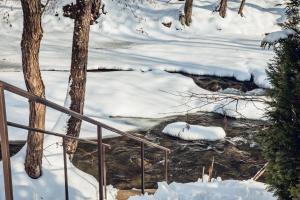 un ruisseau dans la neige avec de la neige au sol dans l'établissement Августин, à Solochyn
