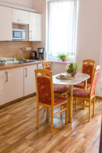 a kitchen and dining room with a table and chairs at Diana Apartments Karlovy Vary in Karlovy Vary