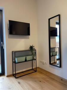 Televízia a/alebo spoločenská miestnosť v ubytovaní Bergglück - gemütliches Appartement am Traunsee