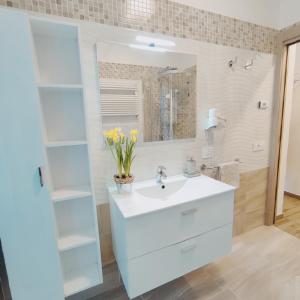 La salle de bains est pourvue d'un lavabo blanc et d'un miroir. dans l'établissement CASA VACANZE DA MARTI, à Tirano
