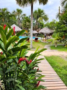 a wooden path leading to a pool at a resort at Manish Hotel Ecólogico in Pucallpa