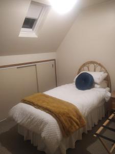 um quarto com uma cama com uma almofada em Great central location, beautiful home with everything you need for a relaxing and enjoyable stay. em Palmerston North